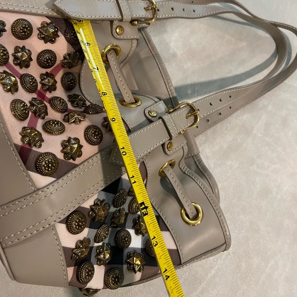 Burberry Taupe Leather Supernova Check Coated Canvas Gold Studs Bag - Picture 13 of 14